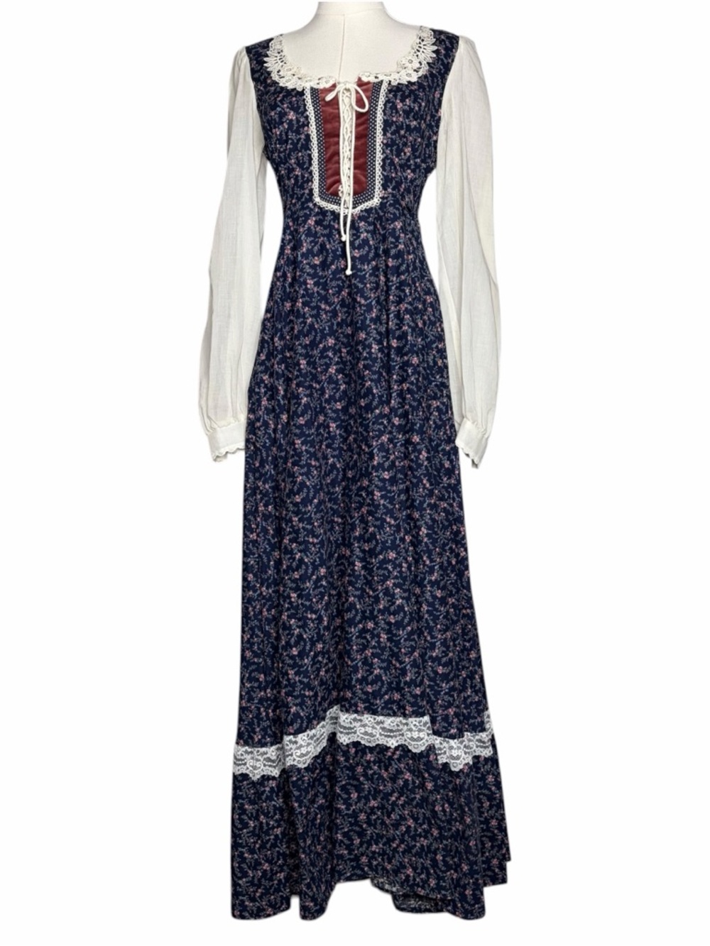 Vintage 70s Gunne Sax Prairie Maxi Dress Navy Floral Corset Lace Up Size 13